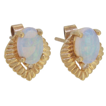 A pair of modern, 9ct yellow gold, opal & diamond set stud earrings.