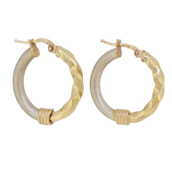 A pair of modern, 14ct white & yellow gold textured twist hoop earrings.