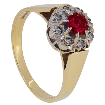 A modern, 18ct yellow gold, ruby & diamond set cluster ring.
