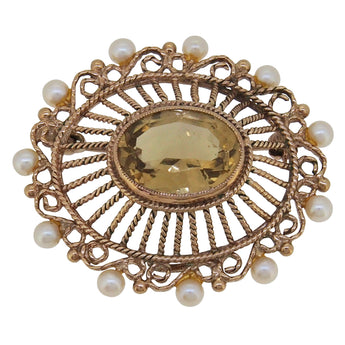 A mid-20th century, yellow metal, citrine & pearl set oval brooch.