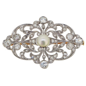 A mid-20th century, white gold, diamond & pearl set, open work brooch with a yellow gold pin.