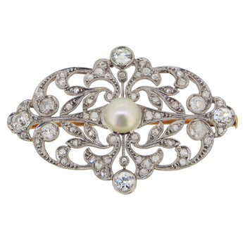 A mid-20th century, white gold, diamond & pearl set, open work brooch with a yellow gold pin.