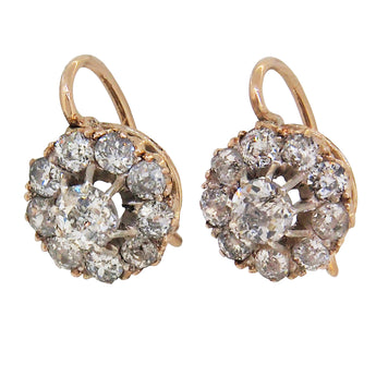 A pair of Victorian, yellow gold, diamond set, cluster drop earrings.