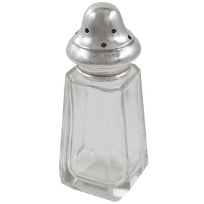 A glass sugar dredger with a silver lid