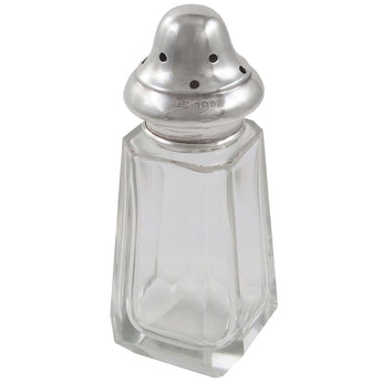 A glass sugar dredger with a silver lid