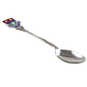 A mid-20th century, silver souvenir teaspoon with an enameled Ross-on-Wye crest on the terminal end.