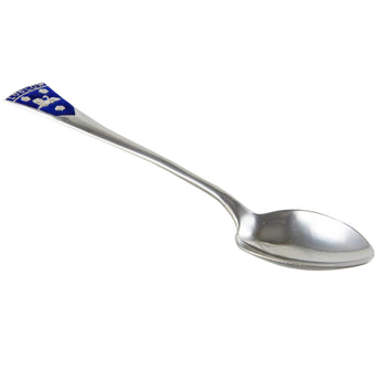 A mid-20th century, silver, enamel set teaspoon featuring a Coat of Arms for Ludlow, Shropshire at the terminal end.