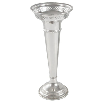 An early 20th century, silver trumpet vase with a pierced geometric border & circular foot.