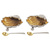 A pair of Victorian, silver & silver gilt, open shell salts & spoons