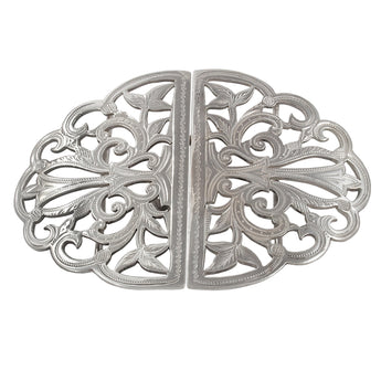 A Victorian, silver dress buckle, with pierced scroll & foliate decoration & fine engraved detailing.