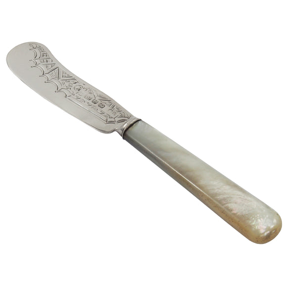 A Victorian, silver butter spreader with a mother of pearl handle
