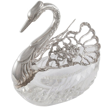 A modern, silver & cut glass, swan shaped dish.
