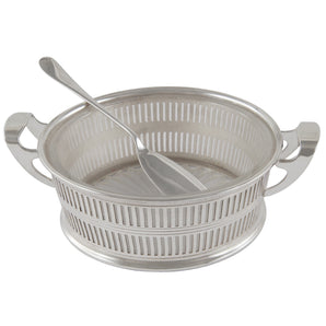 An early 20th century, silver, circular, pierced butter dish with twin handles, a frosted glass liner & silver butter knife.