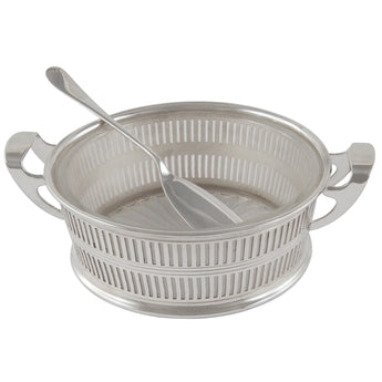 An early 20th century, silver, circular, pierced butter dish with twin handles, a frosted glass liner & silver butter knife.