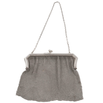 An early 20th century, silver woven mesh purse with a shaped polished frame, ball clasp & chain handle.