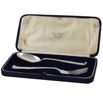 An early 20th century, silver, child's plain fork & spoon & fitted case.