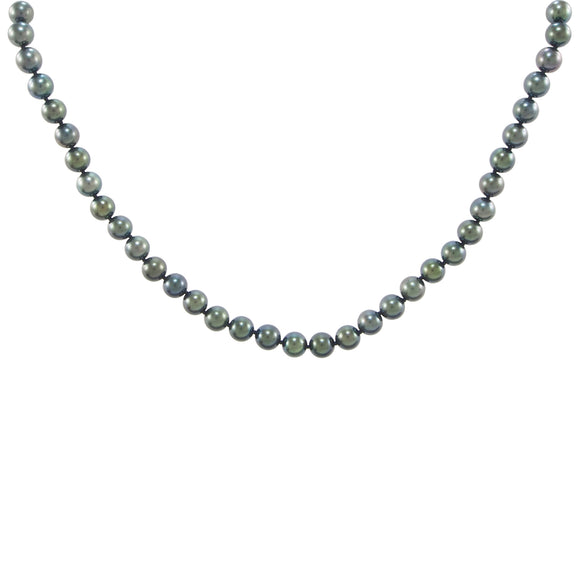 A modern, single row of black cultured pearls on a silver magnetic snap