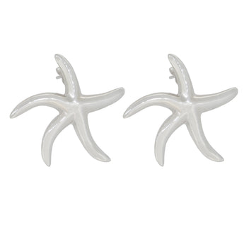 A pair of modern, silver, starfish earrings
