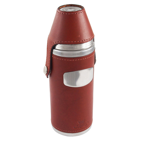 A modern, stainless steel & brown chestnut leather Hunter flask with four 10oz cups.