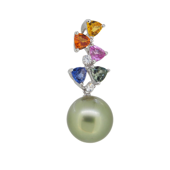 A modern, 18ct white gold, Tahitian pearl & multicoloured sapphire set pendant
