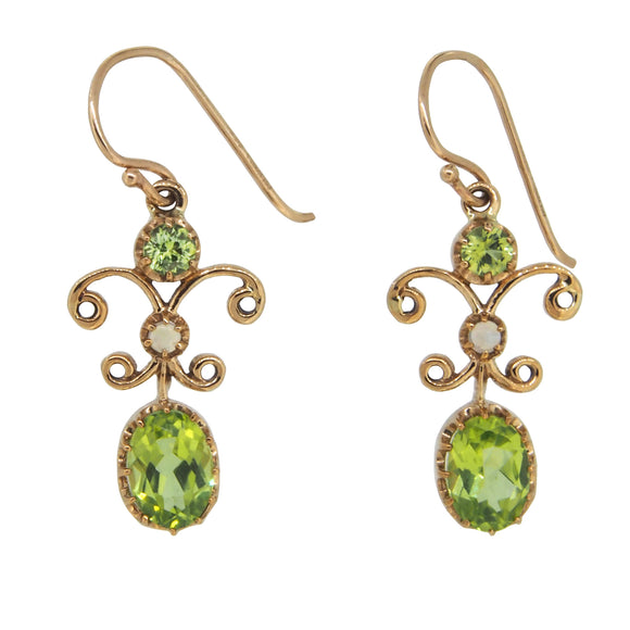  A pair of modern, 9ct yellow gold, peridot & opal set drop earrings