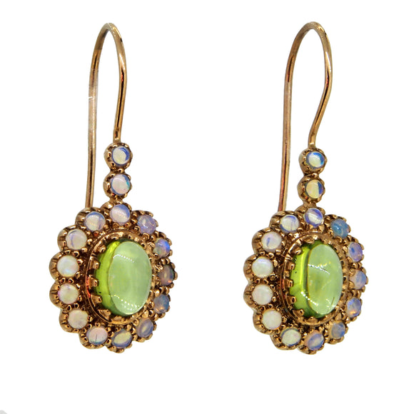 A pair of modern, 9ct yellow gold, peridot & opal set drop earrings