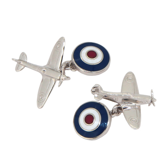  A pair of modern, silver & enamel, Spitfire & RAF Roundel, chain link cufflinks