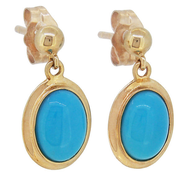 A pair of modern, 9ct yellow gold, turquoise set, oval drop earrings.