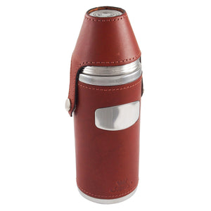 A modern, stainless steel & brown chestnut leather Hunter flask with four 10oz cups