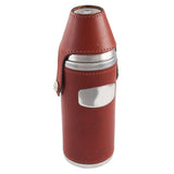 A modern, stainless steel & brown chestnut leather Hunter flask with four 10oz cups