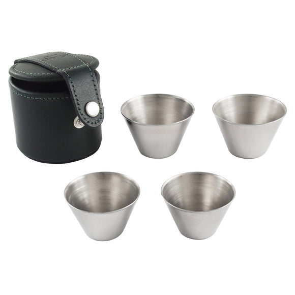 Four modern, stainless steel cups & green leather fitted case