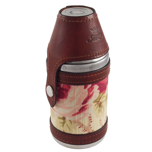 A modern, stainless steel, brown leather & rose material Hunter flask with two 6oz cups