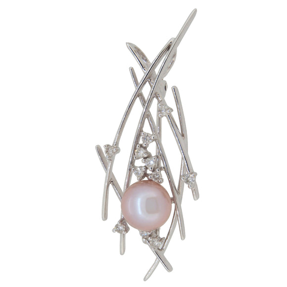 A modern, 18ct white gold, freshwater pearl & diamond set pendant brooch