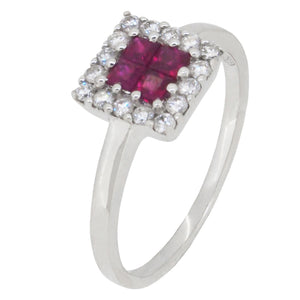 A modern, 18ct white gold, ruby & diamond set square cluster ring