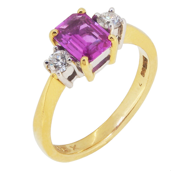 A modern, 18ct yellow gold, pink sapphire & diamond set, three stone ring