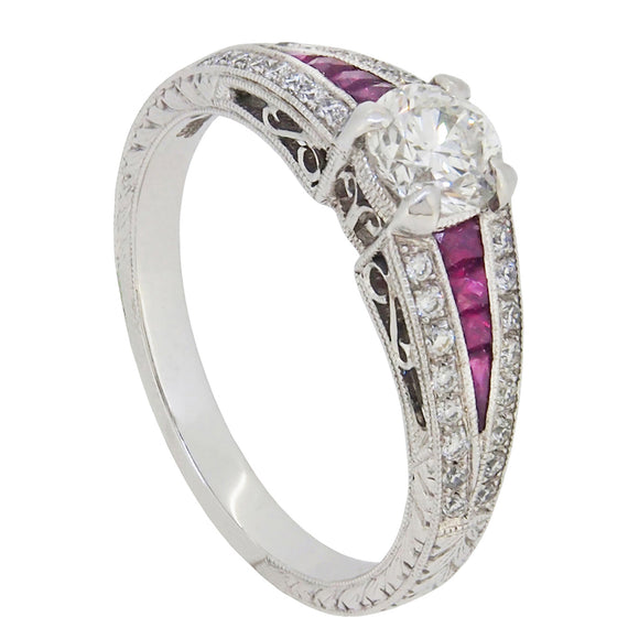 A modern, 18ct white gold, ruby & diamond set cluster ring