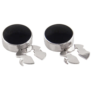A pair of modern, silver, black enamel set, circular button clips.