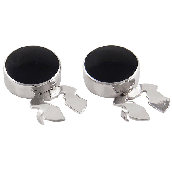 A pair of modern, silver, black enamel set, circular button clips