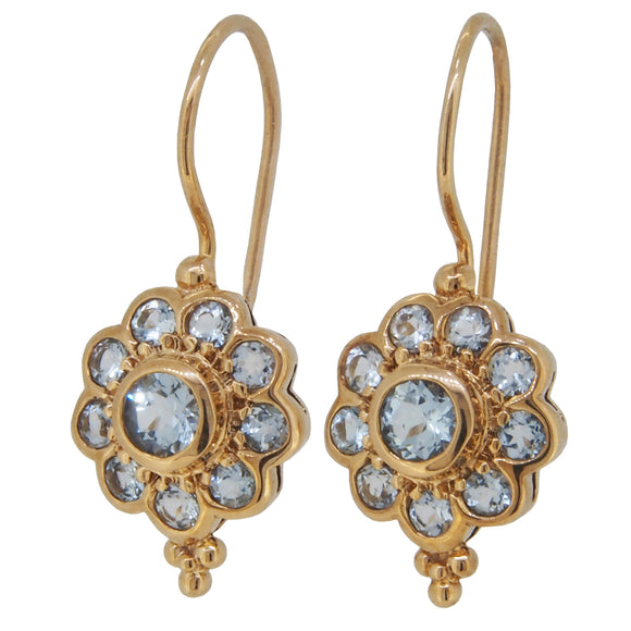 A pair of modern, 9ct yellow gold, aquamarine set cluster drop earrings