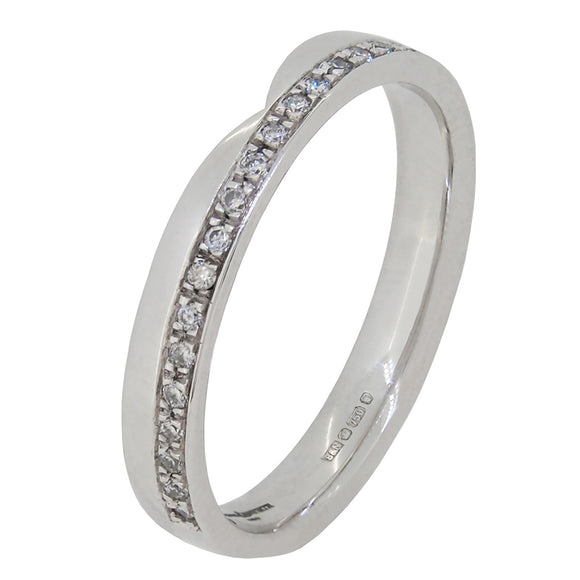 A modern, 18ct white gold, diamond set, shaped wedding ring