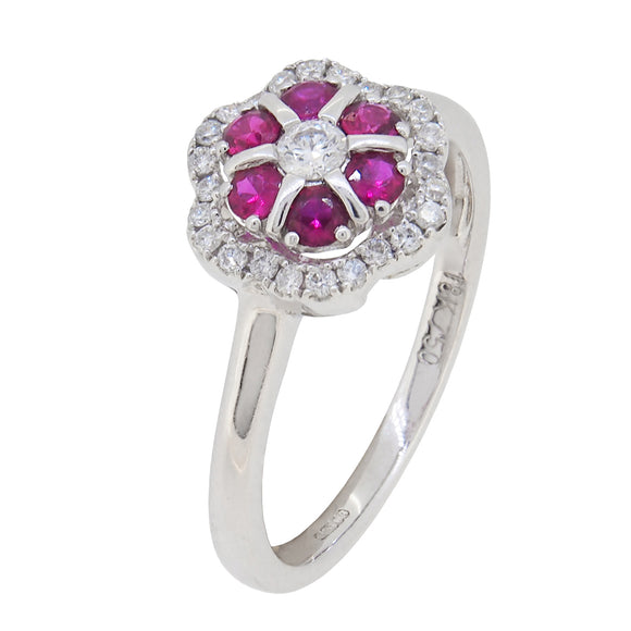 A modern, 18ct white gold, ruby & diamond set cluster ring