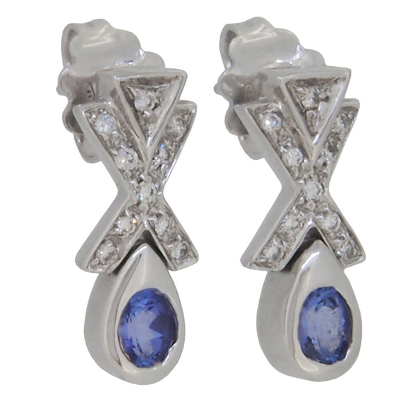 A pair of modern, 18ct white gold, tanzanite & diamond set drop earrings