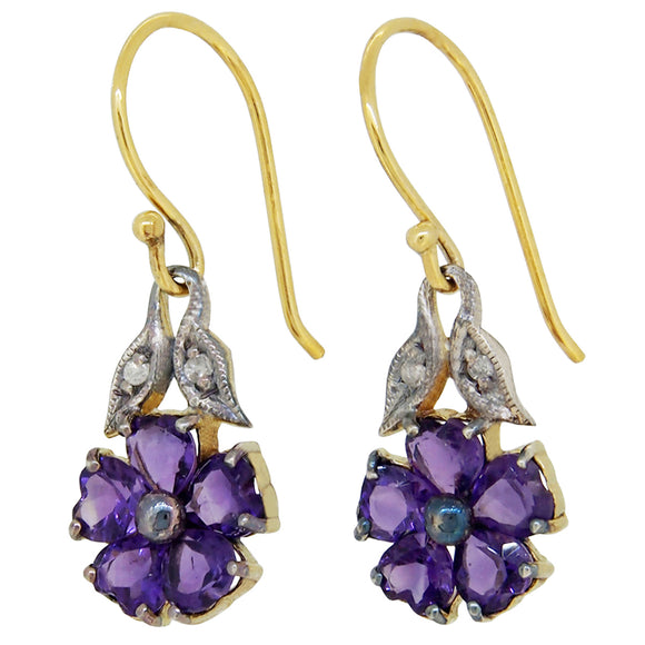 A pair of modern, silver & silver gilt, amethyst & diamond set cluster drop earrings