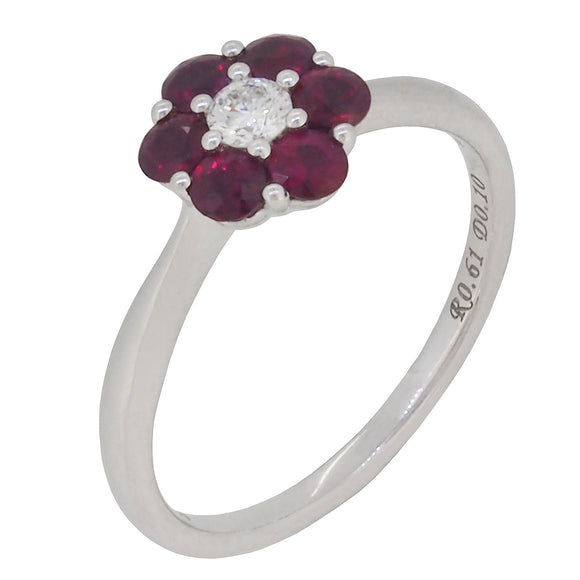 A modern, 18ct white gold, ruby & diamond set cluster ring