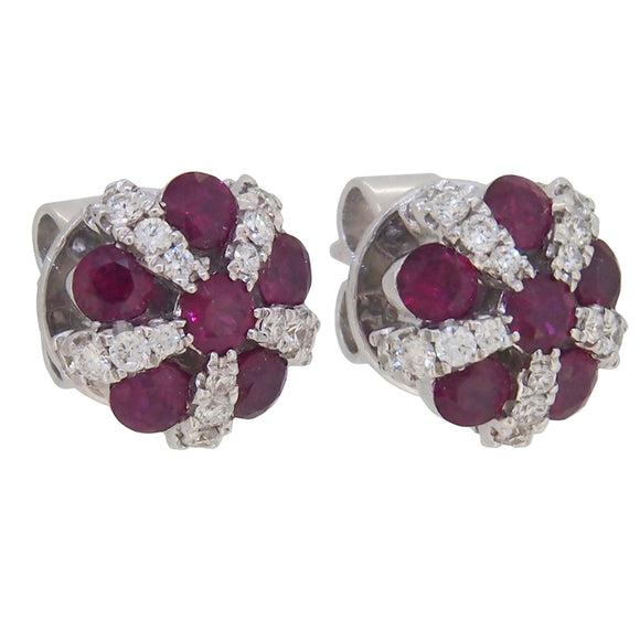 A pair of modern, 18ct white gold, ruby & diamond set, domed cluster stud earrings