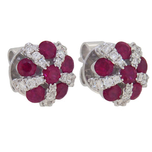 A pair of modern, 18ct white gold, ruby & diamond set, domed cluster stud earrings