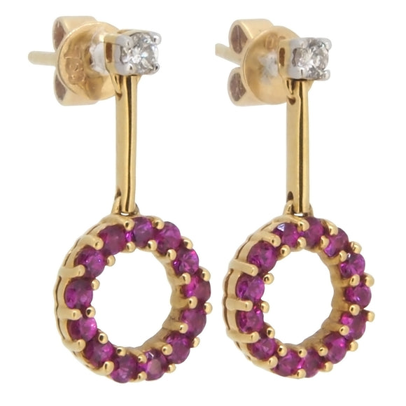A pair of modern, 18ct yellow gold, ruby & diamond set circular drop earrings