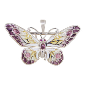 A modern, silver, plique-à-jour enamel set butterfly pendant brooch