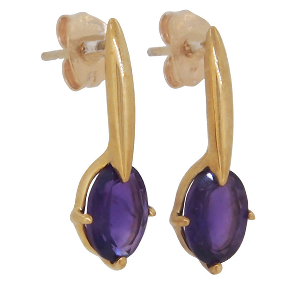 A pair of modern, 9ct yellow gold, amethyst set drop earrings