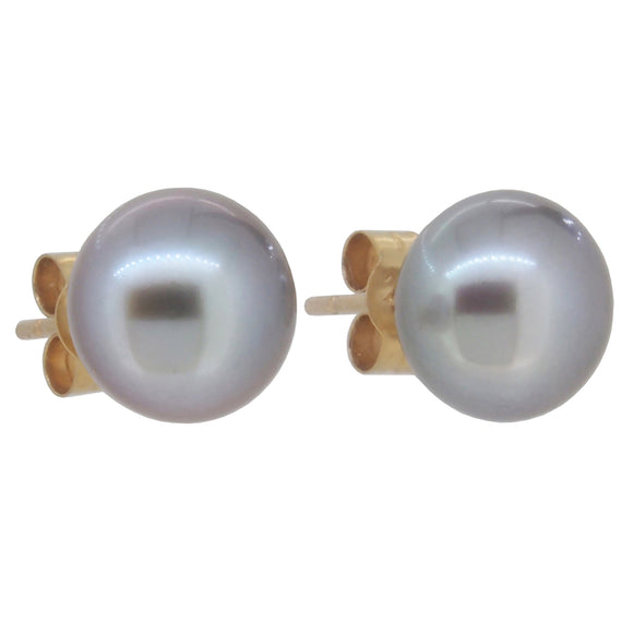 A pair of modern, yellow gold, freshwater pearl set stud earrings